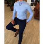 Terzi Adem İtalyan Kesim Slim Erkek Saten Buz Mavisi Zincirli Gömlek T4097 - XS