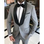 Terzi Adem Italyan Kesim Slim Fit Şal Yaka Ceket Pantolon Damatlık Set Gri T9179 - 54