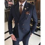 Terzi Adem Italyan Stil Slim Fit Çizgili Kruvaze Ceket Pantolon Takım Elbise Lacivert T9501 - 48