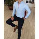 Terzi Adem İtalyan Stil Slim Fit Dik Yaka Saten Erkek Gömlek Buz Mavisi T4749 - XL