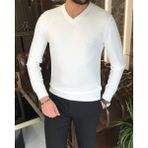 Terzi Adem Italyan Stil Slim Fit Erkek V Yaka Triko Kazak Ekru T8736