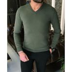 Terzi Adem Italyan Stil Slim Fit Erkek V Yaka Triko Kazak Haki T8733 - 2XL