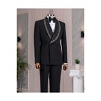 TerziAdemAltun İtalyan stil slim fit şal yaka taşlı ceket pantolon damatlık set siyah T14548