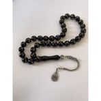 Tesbih TSBH0247BC 925 Ayar Gümüş Püsküllü Gümüş İşlemeli Küre Kesim Erzurum Oltu Taşı Tesbih
