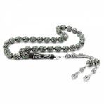 Tesbihane 925 Ayar Gümüş Püsküllü Gümüş Mine İşlemeli Arpa Kesim Erzurum Oltu Taşı Tesbih