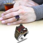 Tesbihane Baget Kesim Kırmızı Zirkon Taşlı Yanları Gotik Süslemeli 925 Ayar Gümüş Erkek Yüzük