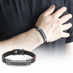 Tesbihane Nokta İşlemeli Kahverengi Kararmaz Metal-Deri Kombinli Erkek Bileklik