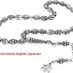 Tesbihane Tasarım Kalem İşçilikli Çift Başlı Kartal Püsküllü Arpa Kesim Oksitli Gümüş Renk Alpaka Tesbih