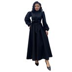 Tesettür Büyük Fiyonklu Poplin Kloş Elbise (Siyah, L-XL)
