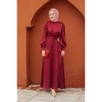 Tesettür Çarşım Nilda Gül Broş Detaylı Saten Abiye-Bordo