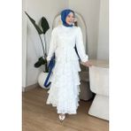 Tesettür Diyarı Beva Jakar Şifon Düğmeli Kat Kat Tesettür Elbise- Beyaz - 36 - 38