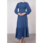 Tesettür Diyarı Geniş Yaka Düğmeli Kuşaklı Tesettür Elbise- Indigo - İndigo - 42