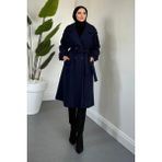Tesettür Diyarı Glaze Astarlı Kolları Büzgülü Kaşe Tesettür Kaban- Lacivert Standart (38-44 Uyumlu)