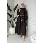 Tesettür Diyarı Laris Boydan Düğmeli Kemerli Denim Tesettür Elbise- Acı Kahve - 38