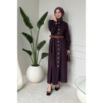 Tesettür Diyarı Laris Boydan Düğmeli Kemerli Denim Tesettür Elbise- Mürdüm - 40
