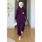 Tesettür Diyarı Tulas Aeorbin Kumaş Dik Yaka Tunik-Pantolon Tesettür Takım- Mor