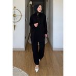 Tesettür Diyarı Tulas Aeorbin Kumaş Dik Yaka Tunik-Pantolon Tesettür Takım- Siyah