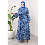 Tesettür Dünyası Desenli Beli Lastikli Viskon Elbise TSD250102 İndigo