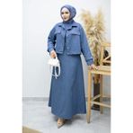 Tesettür Dünyası Kemerli Ceketli Denim Elbise TSD260164 Açık Mavi
