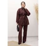 Tesettür Dünyası Kemerli Denim Takım TSD250231 Bordo