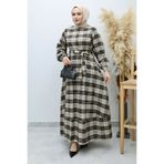Tesettür Dünyası Önden Düğmeli Ekose Elbise TSD260131 Camel