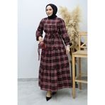 Tesettür Dünyası Robalı Ekose Elbise TSD260134 Bordo