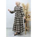 Tesettür Dünyası Robalı Ekose Elbise TSD260134 Camel