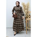 Tesettür Dünyası Robalı Ekose Elbise TSD260134 Taba