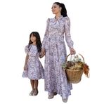 Tesettür Pastel Çiçekli Boyundan Bağlamalı Kloş Elbise ANNE-KIZ Kombini (Kahverengi, 2-3 Yaş)