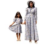 Tesettür Pastel Çiçekli Boyundan Bağlamalı Kloş Elbise ANNE-KIZ Kombini (Mavi, 4-5 Yaş)