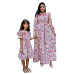 Tesettür Pastel Çiçekli Boyundan Bağlamalı Kloş Elbise ANNE-KIZ Kombini (Turuncu, 3-4 Yaş)