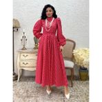 Tesettür Puantiyeli Uzun Kloş Elbise (Kırmızı, 2XL/3XL)