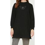 Tesettür Regular Bisiklet Yaka Standart Kol Regular Yırtmaç Detaylı Baskılı Örme Sweatshirt