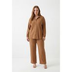 Tesettür Uyumlu Büyük Beden Gömlek Takım – Uzun Kollu Bürümcük Kumaş İkili Set-Camel-5XL