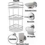 Tesitay Banyo Aksesuarları Üç Katlı Köşelik Kağıtlık Havluluk Sabunluk Fırçalık Bornozluk Seti Krom Renk