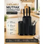 Tezgah Üstü Bölmeli Bıçaklık - Kaşık Kepçe Bıçak Standı Mutfak Düzenleyici Organizer Kaşıklık Siyah S-10137