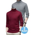 Tezzgelsin 2'li Erkek Tüylenmeyen Boğazlı Triko Kazak Balıkçı Triko Kazak - Bordo - Füme - XL