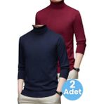 Tezzgelsin 2'li Erkek Tüylenmeyen Boğazlı Triko Kazak Balıkçı Triko Kazak - Lacivert - Bordo - 2XL
