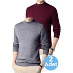 Tezzgelsin 2'li Erkek Tüylenmeyen Yarım Boğazlı Triko Kazak Yarım Balıkçı Triko Kazak - XL - Füme - Bordo