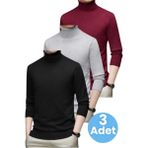 Tezzgelsin 3'lü Erkek Tüylenmeyen Boğazlı Triko Kazak Balıkçı Triko Kazak - Bordo - Gri - Siyah - 2XL