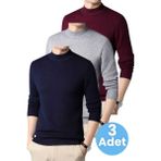 Tezzgelsin 3'lü Erkek Tüylenmeyen Yarım Boğazlı Triko Kazak Yarım Balıkçı Triko Kazak - XL - Lacivert - Gri - Bordo