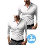 Tezzgelsin Slim Fit Uzun Kol Nefes Alan Kolay Ütülenen Kravatlık Dört Mevsim Erkek Gömlek 2'li Set - 2XL - Beyaz - Beyaz