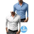 Tezzgelsin Slim Fit Uzun Kol Nefes Alan Kolay Ütülenen Kravatlık Dört Mevsim Erkek Gömlek 2'li Set - 2XL - Mavi - Beyaz