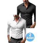 Tezzgelsin Slim Fit Uzun Kol Nefes Alan Kolay Ütülenen Kravatlık Dört Mevsim Erkek Gömlek 2'li Set - 2XL - Siyah - Beyaz