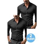 Tezzgelsin Slim Fit Uzun Kol Nefes Alan Kolay Ütülenen Kravatlık Dört Mevsim Erkek Gömlek 2'li Set - 2XL - Siyah - Siyah