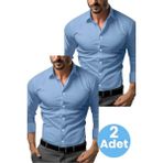 Tezzgelsin Slim Fit Uzun Kol Nefes Alan Kolay Ütülenen Kravatlık Dört Mevsim Erkek Gömlek 2'li Set - XL - Mavi - Mavi