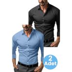 Tezzgelsin Slim Fit Uzun Kol Nefes Alan Kolay Ütülenen Kravatlık Dört Mevsim Erkek Gömlek 2'li Set - XL - Siyah - Mavi