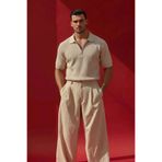 The Champ Clothing Erkek Dokulu Fitilli Triko Tişört Bej- Polo Yaka, Yarım Fermuar, Fit, Yazlık, Örme
