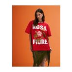 The Champ Clothing Kadın Beyaz Oversize Rosa Fiore Yazılı Gül Desenli Yazlık Tişört