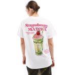 The Champ Clothing Kadın Beyaz Oversize Tişört – Strawberry Matcha Baskılı Yazlık Pamuklu Grafik Desenli